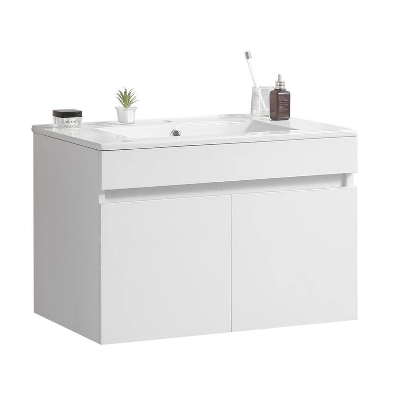 24" Wall Mounted Wood Bathroom Vanity with White Ceramic Basin and Two